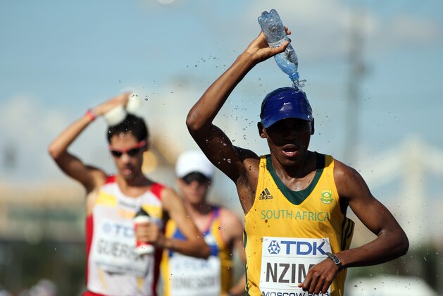 MOSCOW, RUSSIA - AUGUST 17:  Sibusiso Nzima of South Africa competes in the Men's Marathon during Day Eight of the 14th IAAF World Athletics Championships Moscow 2013 at Luzhniki Stadium on August 17, 2013 in Moscow, Russia.  (Photo by Christian Petersen/Getty Images)