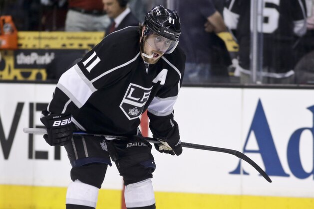 Los Angeles Kings center Anze Kopitar reacts to their loss against the Chicago Blackhawks during Game 6 of the Western Conference finals of the NHL hockey Stanley Cup playoffs in Los Angeles, Friday, May 30, 2014. (AP Photo/Chris Carlson)