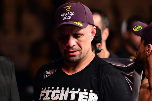 May 31, 2014; Sao Paulo, SP, BRAZIL; Fabio Maldonado reacts after his fight against Stipe Miocic during the TUF Brazil 3 Finale at Ibirapuera  Gymnasium. Mandatory Credit: Jason Silva-USA TODAY Sports