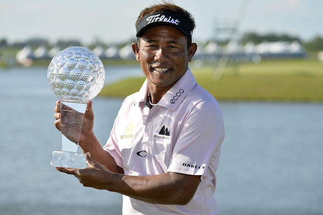 Thongchai Jaidee of Thailand poses with his trophy after winning the Nordea Masters at PGA National, Malmo, Sweden, Sunday June 1, 2014. (AP Photo/Anders Wiklund, TT News Agency)        SWEDEN OUT