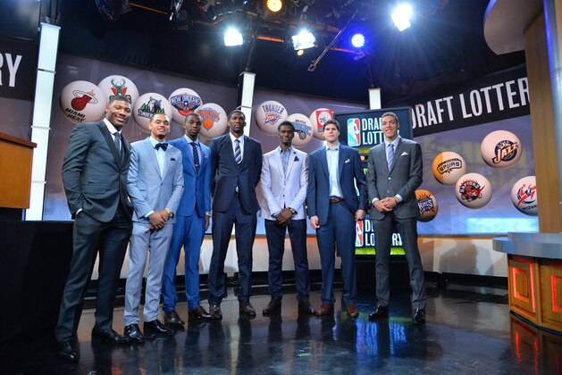 NEW YORK - MAY 20: NBA Draft Prospects Marcus Smart, Tyler Ennis, Andrew Wiggins, Joel Embiid, Noah Vonleh, Doug McDermott and Aaron Gordon poses for a photo during to the 2014 NBA Draft Lottery on May 20, 2014 at the ABC News' 'Good Morning America' Times Square Studio in New York City.  NOTE TO USER: User expressly acknowledges and agrees that, by downloading and/or using this photograph, user is consenting to the terms and conditions of the Getty Images License Agreement. Mandatory Copyright Notice: Copyright 2014 NBAE (Photo by Jesse D. Garrabrant/NBAE via Getty Images)