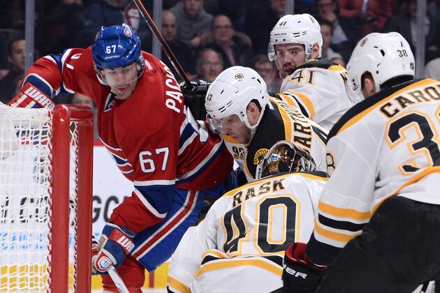 MONTREAL, QC - MARCH 12: Tuukka Rask #40, Andrej Meszaros #41, Matt Bartkowski #43 and Jordan Caron #38 of the Boston Bruins defend the goal against Max Pacioretty #67 of the Montreal Canadiens during the NHL game on March 12, 2014 at the Bell Centre in Montreal, Quebec, Canada. (Photo by Francois Lacasse/NHLI via Getty Images) MONTREAL, QC - MARCH 12: Tuukka Rask #40, Andrej Meszaros #41, Matt Bartkowski #43 and Jordan Caron #38 of the Boston Bruins defend the goal against Max Pacioretty #67 of the Montreal Canadiens during the NHL game on March 12, 2014 at the Bell Centre in Montreal, Quebec, Canada. (Photo by Francois Lacasse/NHLI via Getty Images)