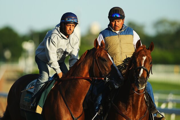 ELMONT, NY - MAY 31:  Kentucky Derby and Preakness winner California Chrome (left) with Jockey Victor Espinoza up trains next to Outrider Miguel Gutierrez at Belmont Park on May 31, 2014 in Elmont, New York. He is scheduled to race for the Triple Crown in the 146th running of the Belmont Stakes  (Photo by Al Bello/Getty Images)