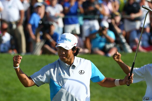 DUBLIN, OH - JUNE 01:  Hideki Matsuyama of Japan celebrates after winning the Memorial Tournament presented by Nationwide Insurance in a playoff with Kevin Na at Muirfield Village Golf Club on June 1, 2014 in Dublin, Ohio.  (Photo by Andy Lyons/Getty Images)