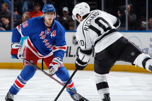 NEW YORK, NY - NOVEMBER 17:  Marc Staal #18 of the New York Rangers defends against Mike Richards #10 of the Los Angeles Kings at Madison Square Garden on November 17, 2013 in New York City. The Los Angeles Kings won 1-0. (Photo by Scott Levy/NHLI via Getty Images)