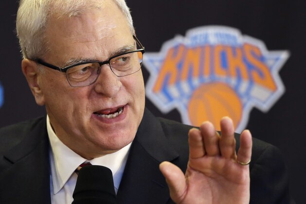 FILE - In this March 18, 2014 file photo, Phil Jackson answers questions during a news conference in New York. Jackson is expected to provide an update on his search for a coach, Friday, May 30, 2014. (AP Photo/Mark Lennihan, File)