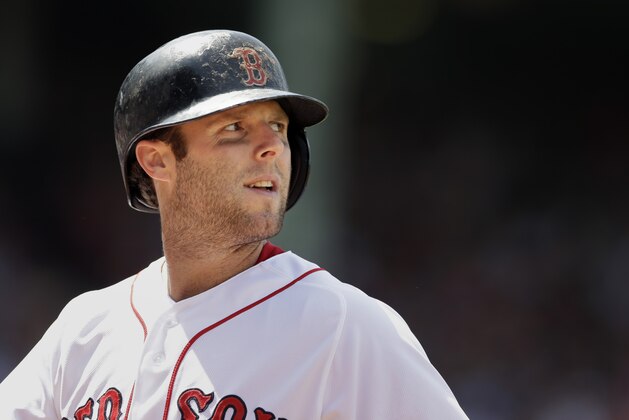 Boston Red Sox's Dustin Pedroia walks back to the dugout after grounding out in the third inning of a baseball game against the Tampa Bay Rays, Sunday, June 1, 2014, in Boston. The Red Sox won 4-0. (AP Photo/Steven Senne)