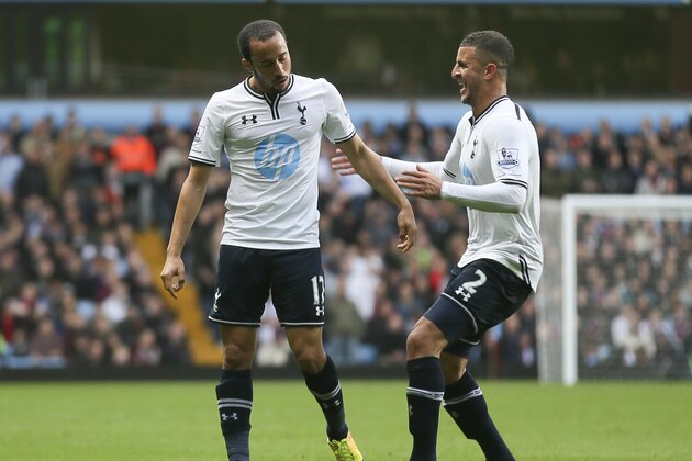 Tottenham Hotspur's Andros Townsend, left celebrates with teammate Kyle Walker after scoring a goal against Aston Villa during their English Premier League soccer match at Villa Park stadium in Birmingham, England  Sunday,Oct. 20, 2013. (AP Photo/Alastair Grant)