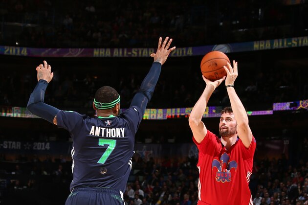 NEW ORLEANS, LA - FEBRUARY 16: Kevin Love #42 of the Western Conference All-Stars shoots over Carmelo Anthony #7 of the Eastern Conference All-Stars during the 2014 NBA All-Star Game as part of the 2014 All-Star Weekend at Smoothie King Center on February 16, 2014 in New Orleans, Louisiana. NOTE TO USER: User expressly acknowledges and agrees that, by downloading and/or using this photograph, user is consenting to the terms and conditions of the Getty Images License Agreement.  Mandatory Copyright Notice: Copyright 2014 NBAE (Photo by Nathaniel S. Butler/NBAE via Getty Images)
