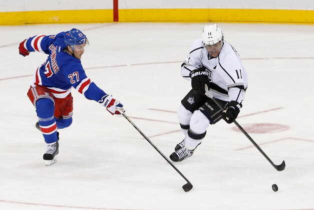 Nov 17, 2013; New York, NY, USA;  Los Angeles Kings center Anze Kopitar (11) keeps the puck from New York Rangers defenseman Ryan McDonagh (27) during the third period at Madison Square Garden. Kings won 1-0.  Mandatory Credit: Anthony Gruppuso-USA TODAY Sports