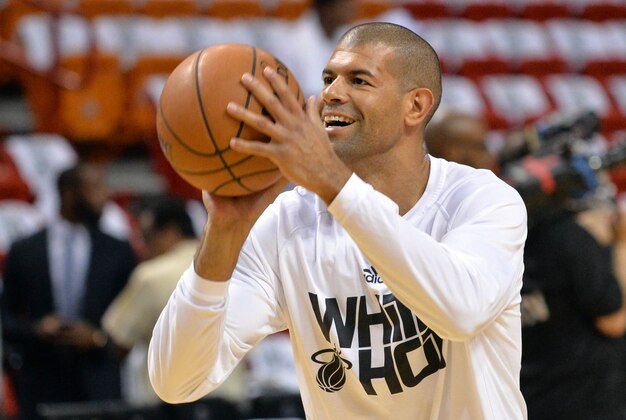 May 30, 2014; Miami, FL, USA; Miami Heat forward Shane Battier (31) warms up prior to a game against the Indiana Pacers in game six of the Eastern Conference Finals of the 2014 NBA Playoffs at American Airlines Arena. Mandatory Credit: Steve Mitchell-USA TODAY Sports
