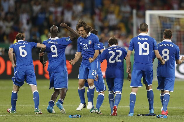 FILE - In this June 25, 2012 file photo, Italy's Andrea Pirlo reacts during a penalty shootout during the Euro 2012 soccer championship quarterfinal match between England and Italy in Kiev, Ukraine. Four years ago, the Azzurri went to the World Cup warm-up tournament in South Africa as world champions and went home after the first round. A year later, at the 2010 World Cup, Italy again was eliminated after the group stage. Expect Italy to treat the Confederations Cup more seriously this time. (AP Photo/Matthias Schrader, File)