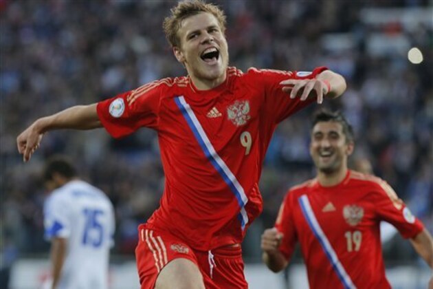 FILE - In this Sept. 10, 2013, file photo, Russia's Aleksandr Kokorin celebrates his goal against Israel during the World Cup group F qualifying soccer match between Russia and Israel in St.Petersburg, Russia. (AP Photo/Dmitry Lovetsky,FIle)