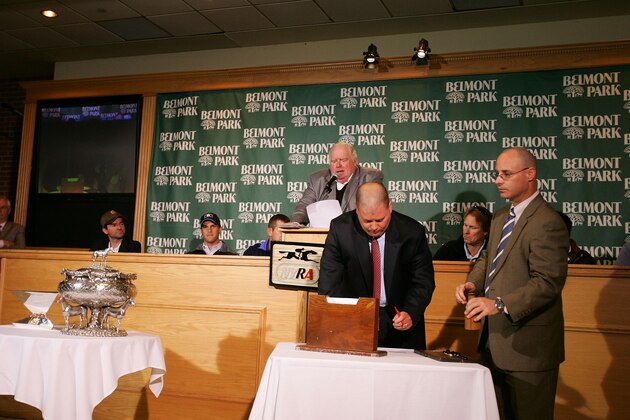 ELMONT, NY - JUNE 04:  Trainers and Jockeys sit at the podium as the horses get selected during the Belmont Draw at Belmont Park Race Track on June 4, 2008 in Elmont, New York  (Photo by Al Bello/Getty Images)