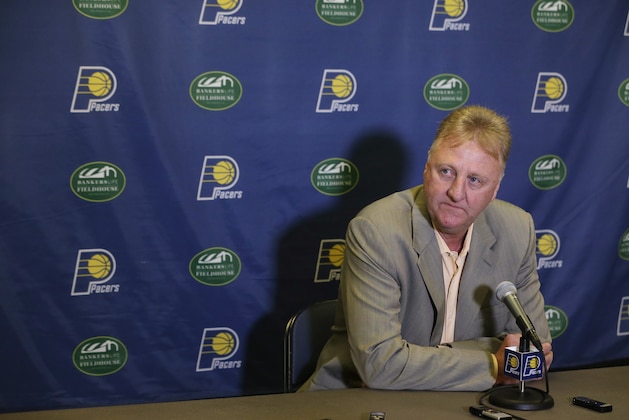 Indiana Pacers president Larry Bird listens to a question during a news conference Monday, June 2, 2014, in Indianapolis. The Pacers lost to the Miami Heat in the conference finals. (AP Photo/Darron Cummings)