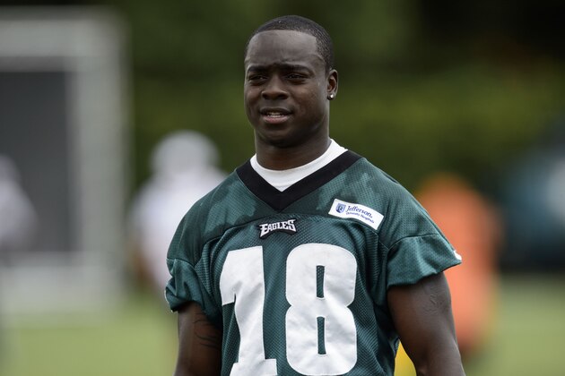 Jul 26, 2013; Philadelphia, PA, USA; Philadelphia Eagles wide receiver Jeremy Maclin (18) during training camp at the Eagles NovaCare Complex. Mandatory Credit: Howard Smith-USA TODAY Sports