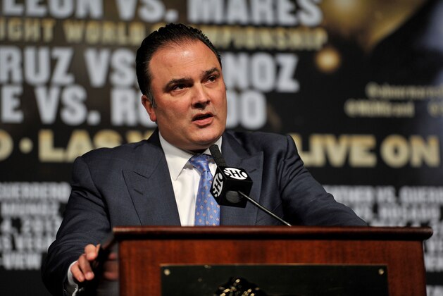 LAS VEGAS, NV - MAY 01:  CEO of Golden Boy Promotions Richard Schaefer introduces the final news conference for the bout between Floyd Mayweather Jr. and Robert Guerrero at the MGM Grand Hotel/Casino on May 1, 2013 in Las Vegas, Nevada. Mayweather will defend his WBC welterweight title against Guerrero.  (Photo by Jeff Bottari/Getty Images)