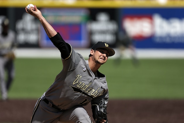 Vanderbilt pitcher Tyler Beede throws against Louisville in an NCAA college baseball tournament super regional game on Sunday, June 9, 2012, in Nashville, Tenn. Louisville won 2-1 to advance to the College World Series. (AP Photo/Mark Humphrey)