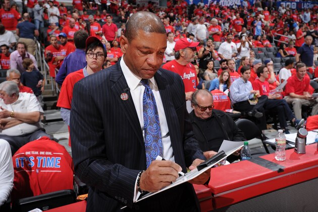 LOS ANGELES, CA - MAY 15:  Doc Rivers of the Los Angeles Clippers coaches against the Oklahoma City Thunder in Game Six of the Western Conference Semifinals during the 2014 NBA Playoffs at Staples Center on May 15, 2014 in Los Angeles, California. NOTE TO USER: User expressly acknowledges and agrees that, by downloading and/or using this Photograph, user is consenting to the terms and conditions of the Getty Images License Agreement. Mandatory Copyright Notice: Copyright 2014 NBAE (Photo by Andrew D. Bernstein/NBAE via Getty Images)