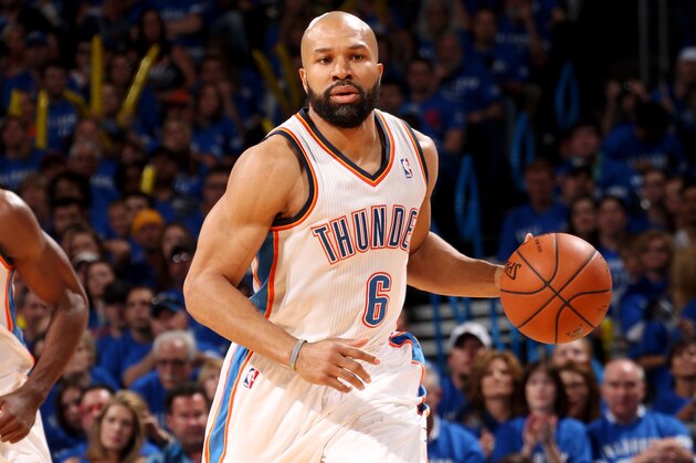 OKLAHOMA CITY, OK  MAY 25: Derek Fisher #6 of the Oklahoma City Thunder drives against the San Antonio Spurs  in Game Three of the Western Conference Finals during the 2014 NBA Playoffs on May 25, 2014 at the Chesapeake Energy Arena in Oklahoma City, Oklahoma.  NOTE TO USER: User expressly acknowledges and agrees that, by downloading and or using this photograph, User is consenting to the terms and conditions of the Getty Images License Agreement. Mandatory Copyright Notice: Copyright 2014 NBAE  (Photo by Layne Murdoch/NBAE via Getty Images)