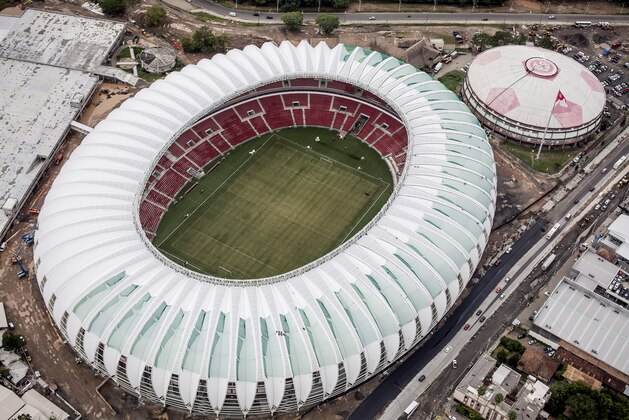 FILE - In this March 17, 2014 file photo,This photo released by Portal da Copa shows an aerial view of the Beira Rio stadium in Porto Alegre, Brazil. The arena will host matches during the 2014 World Cup soccer tournament.  (AP Photo/Gabriel Heusi, Portal da Copa) - SEE FURTHER WORLD CUP CONTENT AT APIMAGES.COM