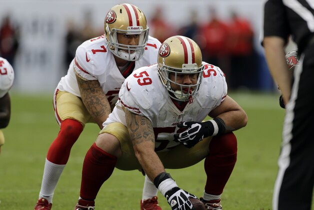 San Francisco 49ers quarterback Colin Kaepernick (7) takes the snap from center Jonathan Goodwin (59) during the fourth quarter of an NFL football game against the Tampa Bay Buccaneers Sunday, Dec. 15, 2013, in Tampa, Fla. (AP Photo/Chris O'Meara)