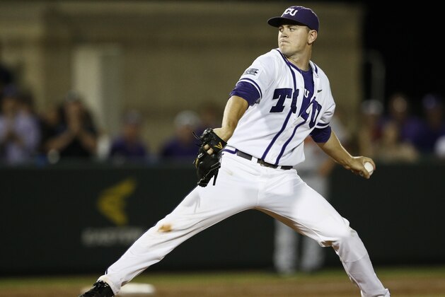 TCU pitcher Tyler Alexander throws to Sam Houston State during the ninth inning of an NCAA college baseball regional tournament game in Fort Worth, Texas, Sunday, June 1, 2014. TCU won 6-1. (AP Photo/Jim Cowsert)