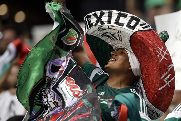 A Mexico fan celebrates after Luis Montes scored in the first half of a friendly soccer match against Ecuador, Saturday, May 31, 2014, in Arlington, Texas.  (AP Photo/Tony Gutierrez)