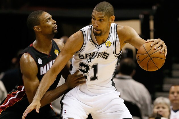 SAN ANTONIO, TX - JUNE 16: Tim Duncan #21 of the San Antonio Spurs posts up Chris Bosh #1 of the Miami Heat in the fourth quarter during Game Five of the 2013 NBA Finals at the AT&T Center on June 16, 2013 in San Antonio, Texas. NOTE TO USER: User expressly acknowledges and agrees that, by downloading and or using this photograph, User is consenting to the terms and conditions of the Getty Images License Agreement. (Photo by Kevin C. Cox/Getty Images) SAN ANTONIO, TX - JUNE 16: Tim Duncan #21 of the San Antonio Spurs posts up Chris Bosh #1 of the Miami Heat in the fourth quarter during Game Five of the 2013 NBA Finals at the AT&T Center on June 16, 2013 in San Antonio, Texas. NOTE TO USER: User expressly acknowledges and agrees that, by downloading and or using this photograph, User is consenting to the terms and conditions of the Getty Images License Agreement. (Photo by Kevin C. Cox/Getty Images)