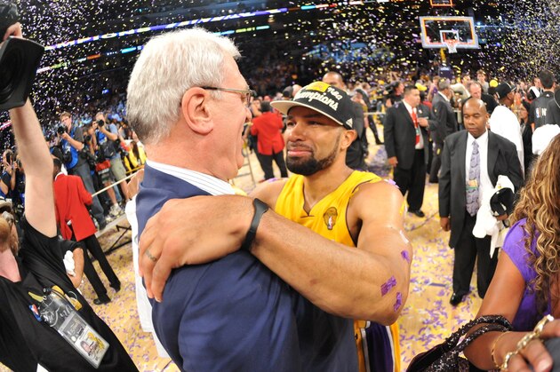 LOS ANGELES - JUNE 17: Head Coach Phil Jackson and Derek Fisher #2 of the Los Angeles Lakers celebrate after defeating the Boston Celtics 83-79 in Game Seven of the 2010 NBA Finals on June 17, 2010 at Staples Center in Los Angeles, California.  NOTE TO USER: User expressly acknowledges and agrees that, by downloading and/or using this Photograph, user is consenting to the terms and conditions of the Getty Images License Agreement. Mandatory Copyright Notice: Copyright 2010 NBAE (Photo by Jesse D. Garrabrant/NBAE via Getty Images)