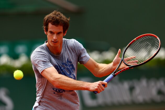PARIS, FRANCE - JUNE 03:  Andy Murray of Great Britain trains during a practice session on day ten of the French Open at Roland Garros on June 3, 2014 in Paris, France.  (Photo by Dan Istitene/Getty Images)