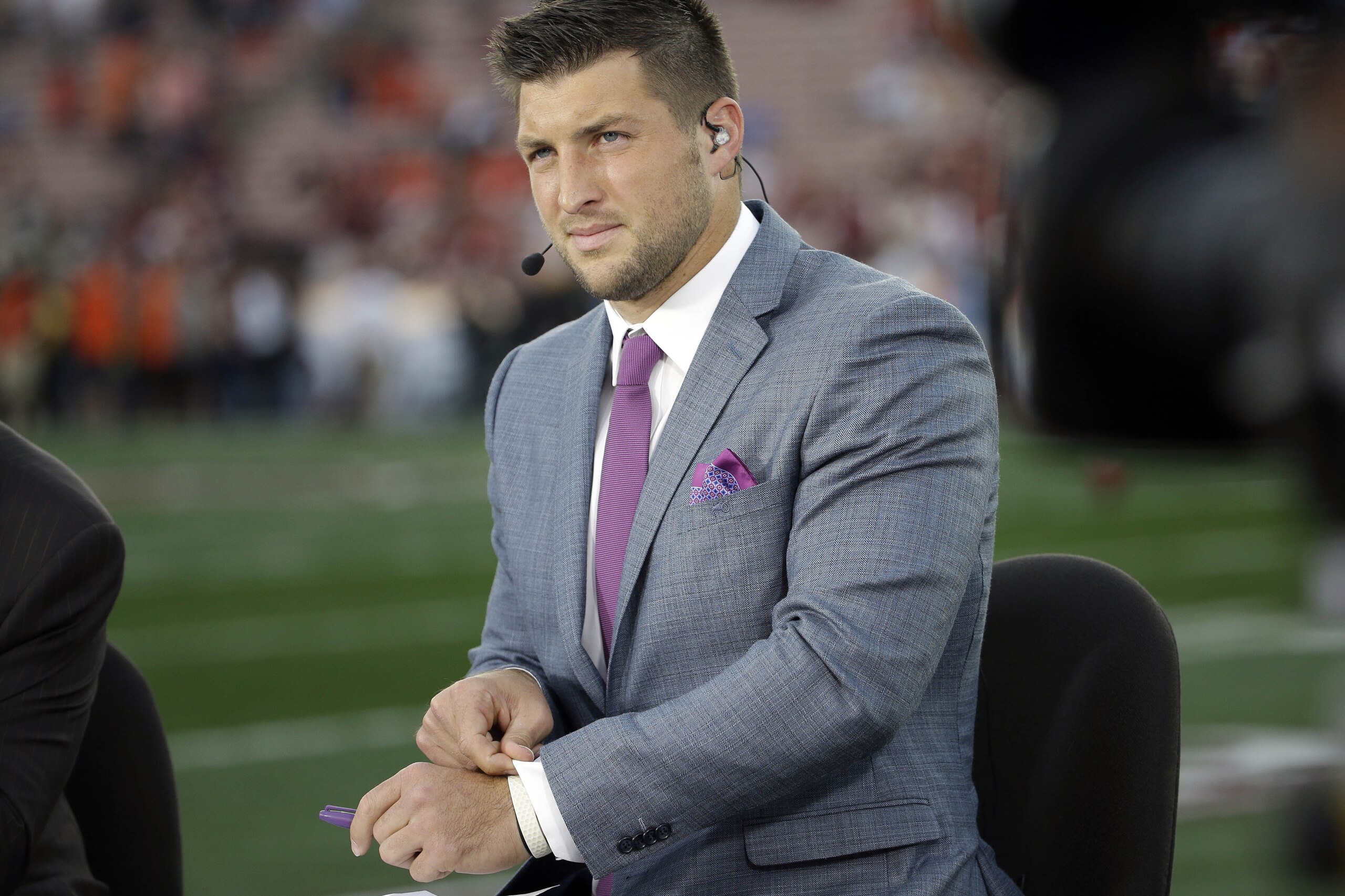 FILE - In this Jan. 6, 2014 file, photo shows Tim Tebow on ESPN before the NCAA BCS National Championship college football game between Auburn and Florida State in Pasadena, Calif. Tebow will be a special guest on ABC's