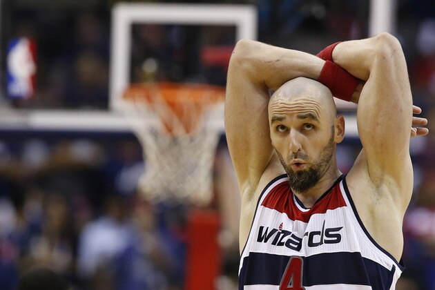 Washington Wizards center Marcin Gortat reacts after a play in the closing minutes of Game 6 of an Eastern Conference semifinal NBA basketball playoff series against the Indiana Pacers in Washington, Thursday, May 15, 2014. The Pacers defeated the Wizards 93-80 to advance to the Eastern Conference Finals. (AP Photo/Alex Brandon)