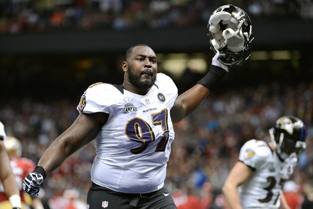 NEW ORLEANS, LA - FEBRUARY 03:  Arthur Jones #97 of the Baltimore Ravens reacts as he walks back ot the locker room for halftime against the San Francisco 49ers during Super Bowl XLVII at the Mercedes-Benz Superdome on February 3, 2013 in New Orleans, Louisiana. The Ravens won 34-31. (Photo by Harry How/Getty Images)