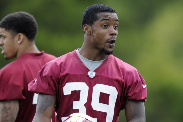 ASHBURN, VA - MAY 5: David Amerson #39 of the Washington Redskins reacts at rookie camp at Redskins Park on May 5, 2013 in Ashburn, Virginia. (Photo by Nick Wass/Getty Images)