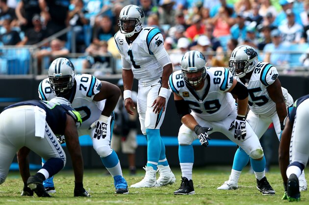 CHARLOTTE, NC - SEPTEMBER 08:  Cam Newton #1 of the Carolina Panthers against the Seattle Seahawks during their game at Bank of America Stadium on September 8, 2013 in Charlotte, North Carolina.  (Photo by Streeter Lecka/Getty Images)