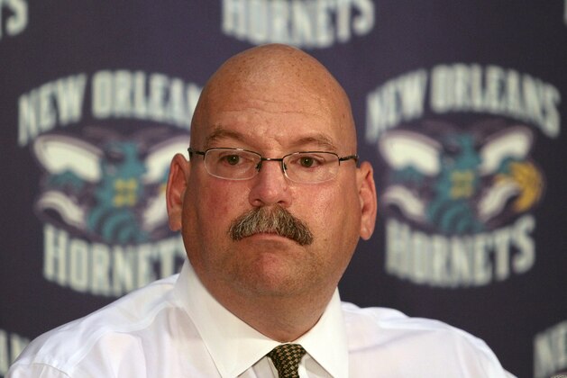 New Orleans Hornets general manager Jeff Bower speaks at a news conference at the Hornets practice facility in Westwego, La., Thursday, June 24, 2010. The Hornets selected Kansas center Cole Aldrich with the No. 11 pick in the draft, but have agree to trade Aldrich and guard Morris Peterson to the Oklahoma City Thunder. (AP Photo/Patrick Semansky)