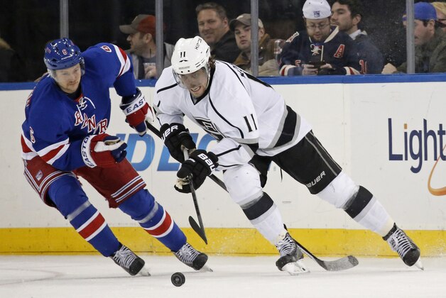 New York Rangers defenseman Anton Stralman (6) of Sweden defends Los Angeles Kings center Anze Kopitar (11) in the second period of their NHL hockey game at Madison Square Garden in New York, Sunday, Nov. 17, 2013.  (AP Photo/Kathy Willens)