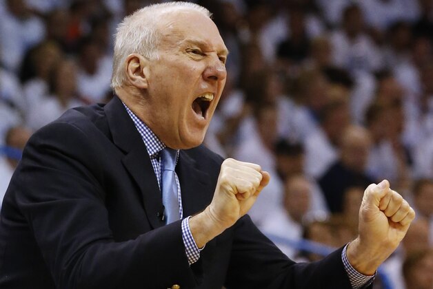 San Antonio Spurs coach Gregg Popovich shouts from the sideline during the first half against the Oklahoma City Thunder in Game 6 of the Western Conference finals NBA basketball playoff series, in Oklahoma City, Saturday, May 31, 2014. (AP Photo/Sue Ogrocki)