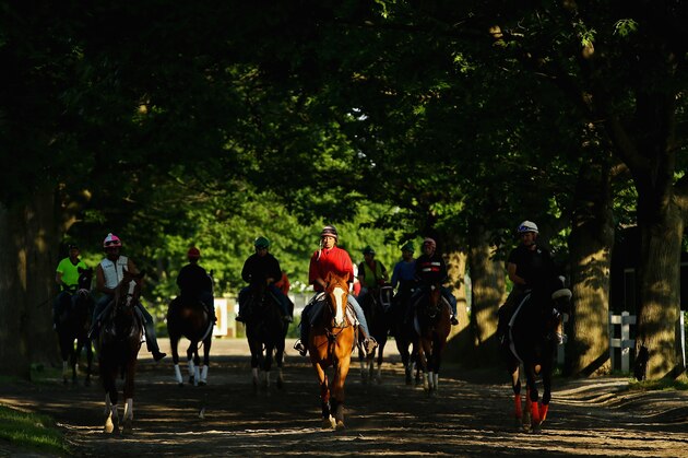 ELMONT, NY - JUNE 03:  A general view of horses and exercise riders heading to the main track for training at Belmont Park on June 3, 2014 in Elmont, New York.  (Photo by Al Bello/Getty Images)