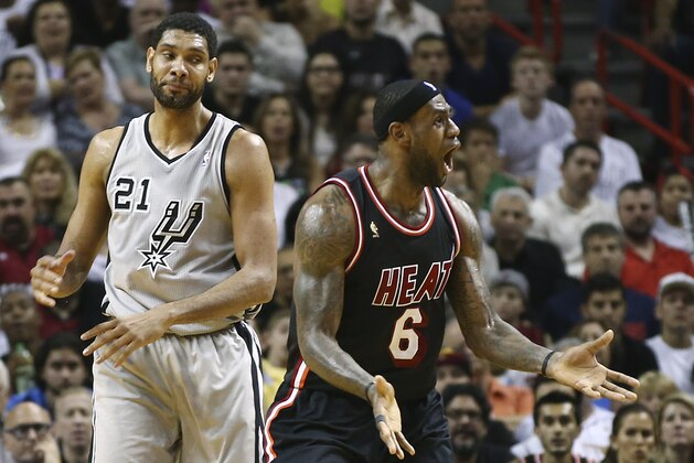After fouling San Antonio Spurs' Tim Duncan (21), Miami Heat's LeBron James (6) reacts as he is charged with a technical foul also, during the second half of an NBA basketball game in Miami, Sunday, Jan. 26, 2014. The Heat won 113-101. (AP Photo/J Pat Carter) After fouling San Antonio Spurs' Tim Duncan (21), Miami Heat's LeBron James (6) reacts as he is charged with a technical foul also, during the second half of an NBA basketball game in Miami, Sunday, Jan. 26, 2014. The Heat won 113-101. (AP Photo/J Pat Carter)