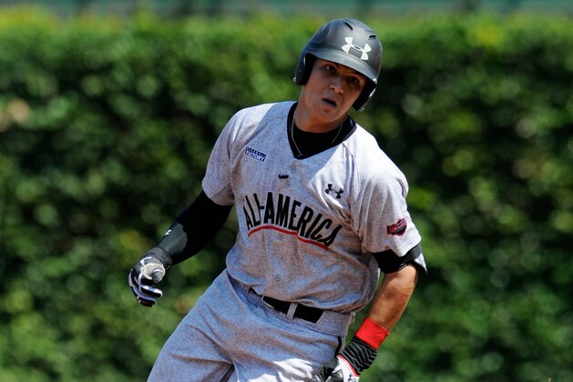 Aug 24, 2013; Chicago, IL, USA; American catcher Alex Jackson (10) rounds second base during the 2013 Under Armour All-American Baseball game at Wrigley Field. Mandatory Credit: Reid Compton-USA TODAY Sports