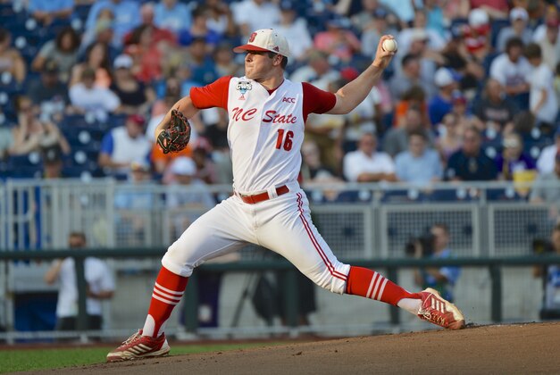 North Carolina State pitcher Carlos Rodon works against North Carolina in the first inning of an NCAA College World Series elimination game in Omaha, Neb., Thursday, June 20, 2013. (AP Photo/Ted Kirk)