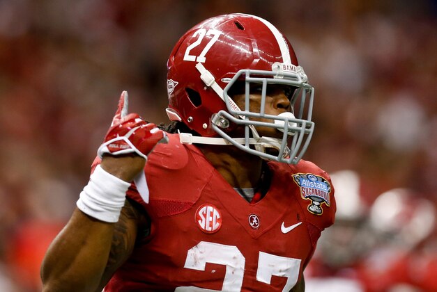 Jan 2, 2014; New Orleans, LA, USA;  Alabama Crimson Tide running back Derrick Henry (27) against the Oklahoma Sooners during the second half of a game at the Mercedes-Benz Superdome. Oklahoma defeated Alabama 45-31. Mandatory Credit: Derick E. Hingle-USA TODAY Sports