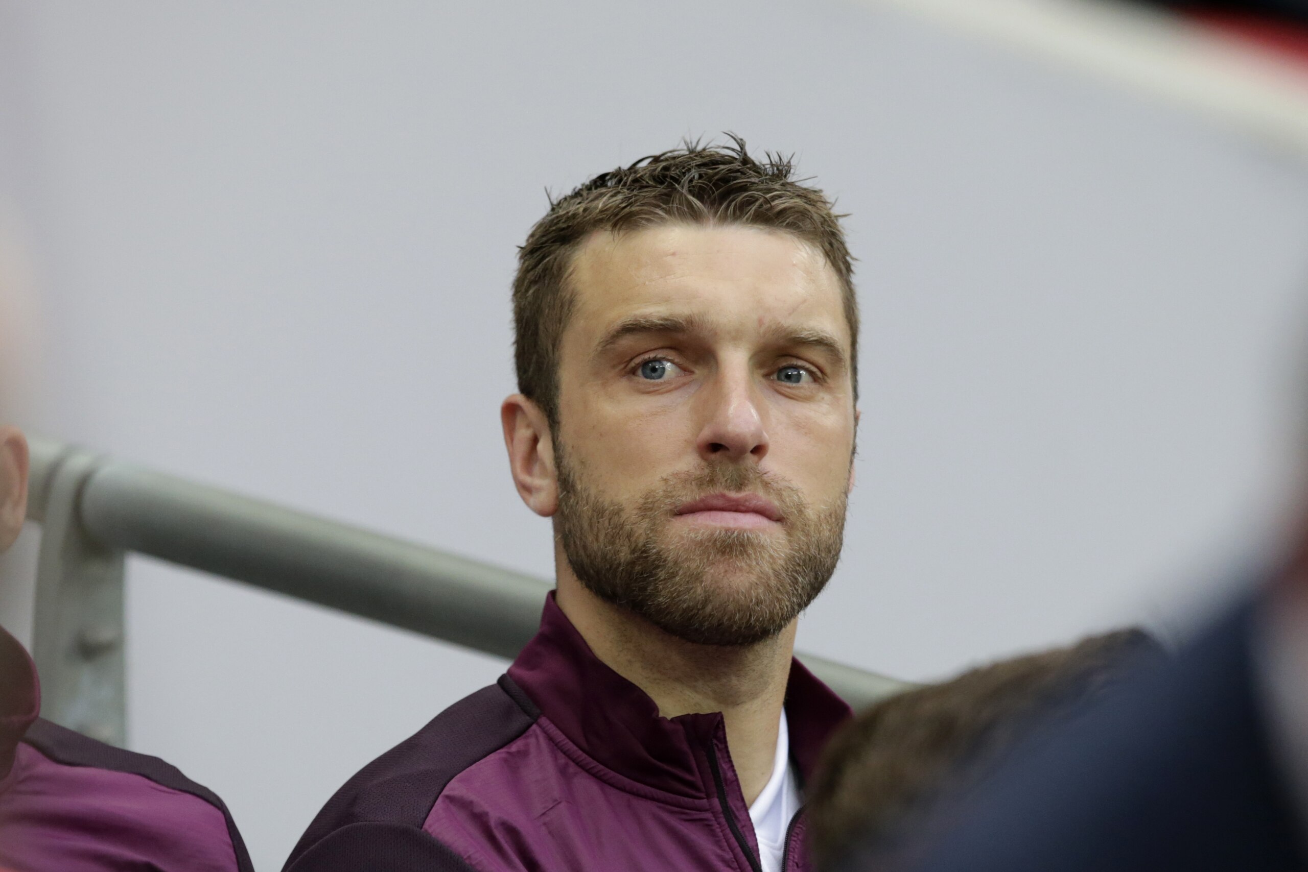 England's Rickie Lambert sits on the substitutes bench before the international friendly soccer match between England and Peru at Wembley Stadium in London, Friday, May 30, 2014.  (AP Photo/Matt Dunham)