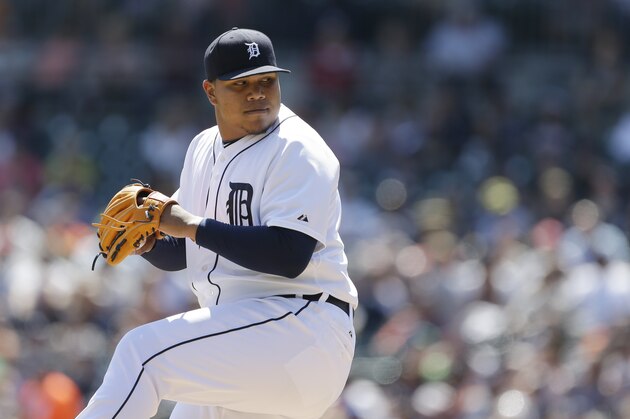 Detroit Tigers relief pitcher Bruce Rondon prepares to throw during the seventh inning of a baseball game against the Minnesota Twins in Detroit, Wednesday, May 1, 2013. (AP Photo/Carlos Osorio)