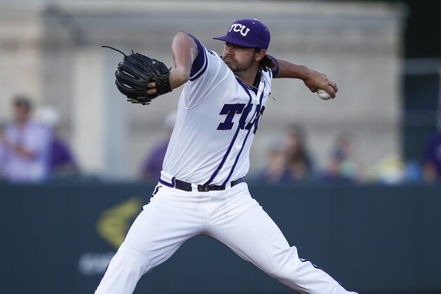 TCU starting pitcher Brandon Finnegan delivers to Siena during the first inning of an NCAA college baseball regional tournament game in Fort Worth, Texas, Friday, May 30, 2014. (AP Photo/Jim Cowsert)