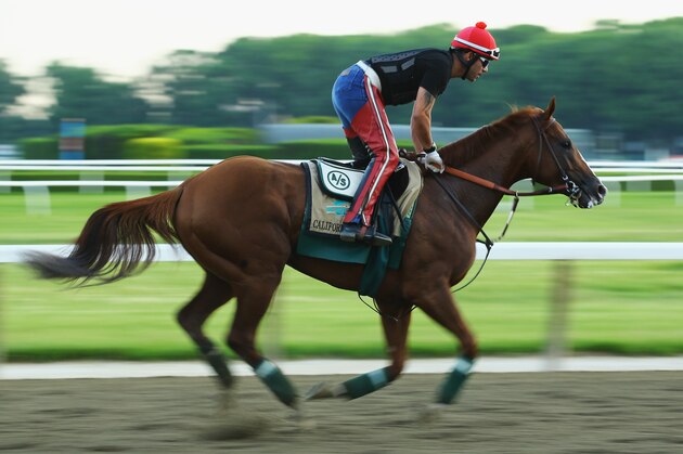 ELMONT, NY - MAY 27:  Kentucky Derby and Preakness winner California Chrome, with exercise rider Willie Delgado up, trains on the main track at Belmont Park on May 27, 2014 in Elmont, New York. He is scheduled to race for the Triple Crown in the 146th running of the Belmont Stakes  (Photo by Al Bello/Getty Images)