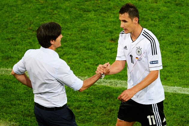 GDANSK, POLAND - JUNE 22: Miroslav Klose of Germany is congratulated by manager Head Coach Joachim Low of Germany after being substituted during the UEFA EURO 2012 quarter final match between Germany and Greece at The Municipal Stadium on June 22, 2012 in Gdansk, Poland. (Photo by Shaun Botterill/Getty Images) GDANSK, POLAND - JUNE 22: Miroslav Klose of Germany is congratulated by manager Head Coach Joachim Low of Germany after being substituted during the UEFA EURO 2012 quarter final match between Germany and Greece at The Municipal Stadium on June 22, 2012 in Gdansk, Poland. (Photo by Shaun Botterill/Getty Images)