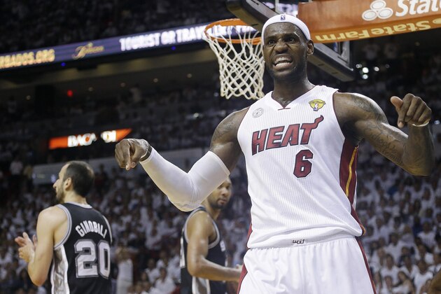 FOR USE AS DESIRED, YEAR END PHOTOS - FILE - Miami Heat small forward LeBron James (6) reacts after being fouled during the second half in Game 7 of the NBA basketball championship against the San Antonio Spurs, Thursday, June 20, 2013, in Miami. (AP Photo/Lynne Sladky, File)